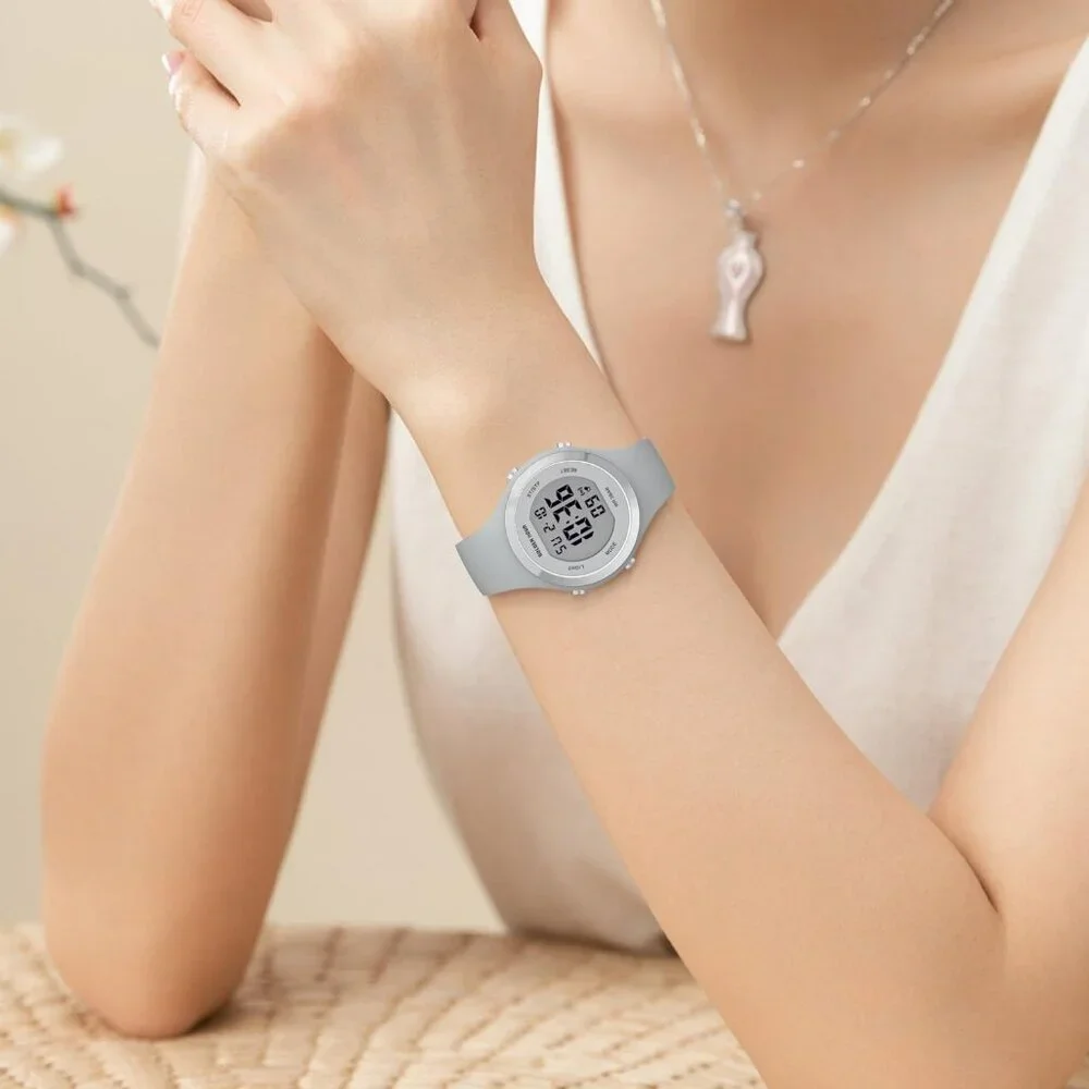 Unisex Grey Silicone Digital Sports Gold Bezel Water-Resistant Alarm Stopwatch